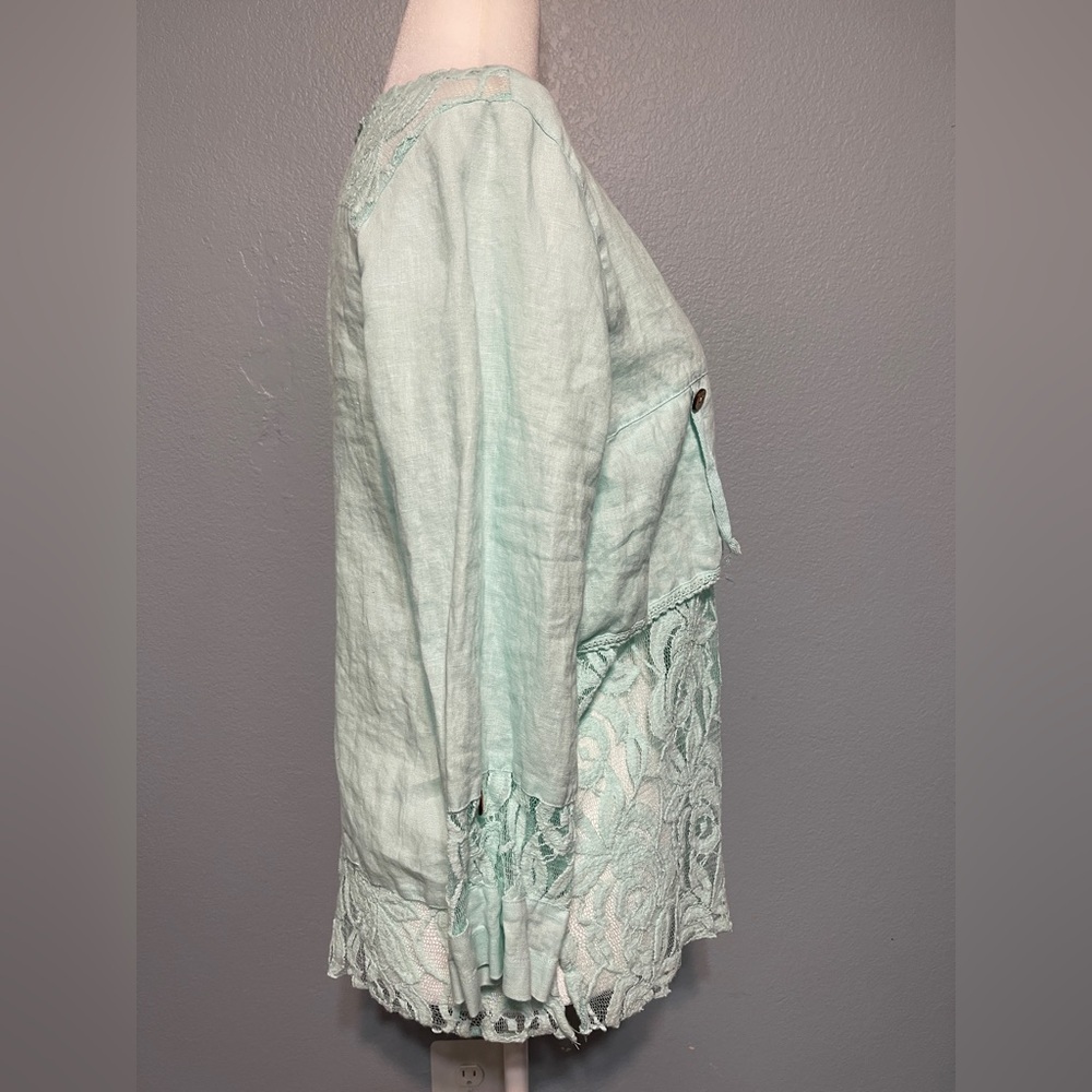 Ali Miles Teal Boho Tunic Top Lace Faux Pockets Lagenlook Resort Boho Large - Picture 4 of 8